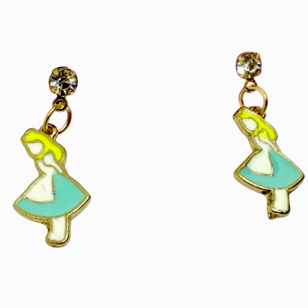 Enamel & Crystal Alice In Wonderland Stud Dangle Earrings - Picture 1 of 3